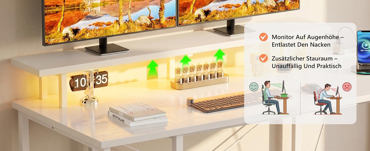 Кутовий ігровий стіл YOUDENOVA L-подібний з LED-підсвіткою, 4 шухлядами та розеткою, комп'ютерний стіл для геймерів та офісу з полицею для монітора, білий, 142x107 см