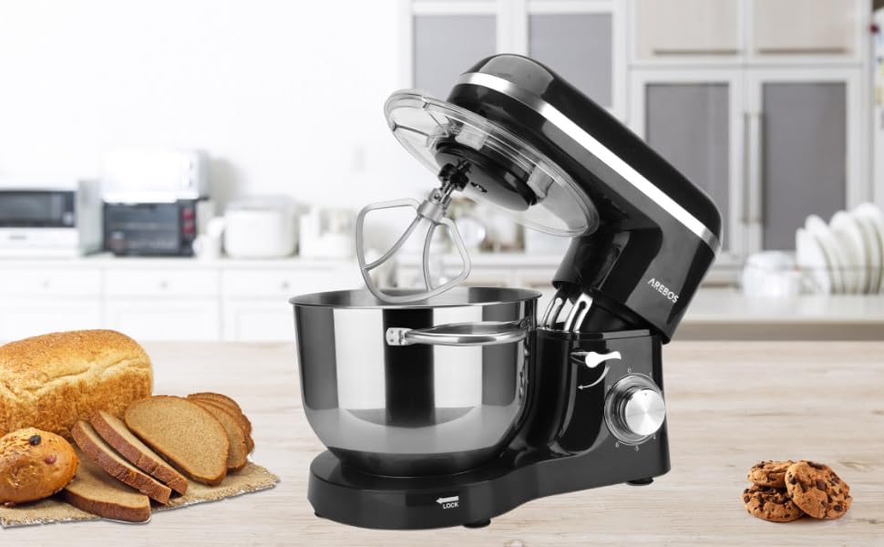 Кухонна машина Arebos 1500W з чашею 6L з нержавіючої сталі, чорна | Змішувач, гак для тіста, вінчик | Кришка від бризок | 6 швидкостей | Кухонний комбайн | Машина для тіста