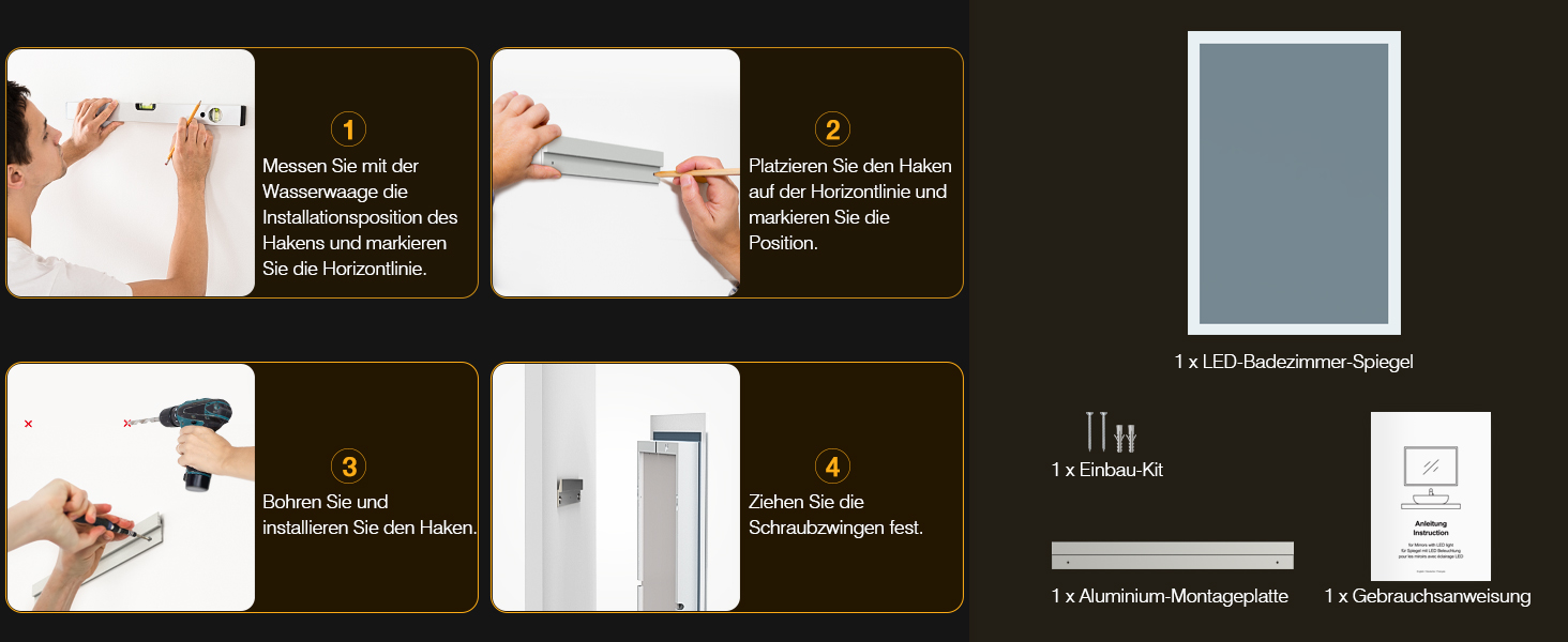 Дзеркало для ванної кімнати з підсвічуванням LED, антизапар, 2 кольори світла (3000K/6500K), вимикач-клавіша, прямокутне, 45 x 60 см