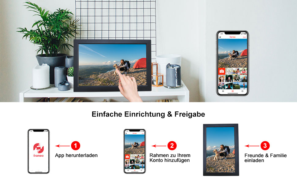 Цифровий фоторамка 10.1 дюйма WiFi з 16GB, IPS сенсорний екран, автоповорот, миттєвий обмін фото та відео через додаток Frameo (Чорний)