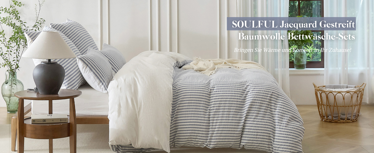 Набір постільної білизни SOULFUL 200x200, бавовна, смугастий дизайн, джинсовий колір, преміум-якість, сертифікат Öko-Tex 100, 3 шт. (200x200, 2x80x80)