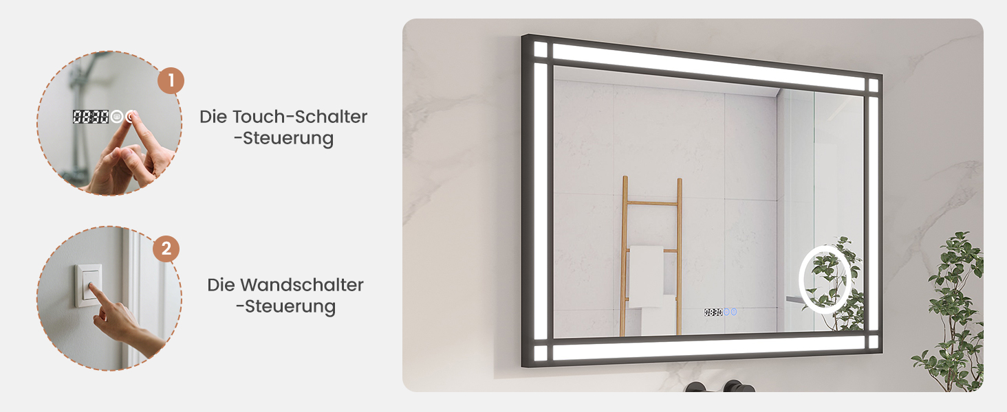LED дзеркало для ванної кімнати AQUABATOS 50x70 см з підсвічуванням, ефект вікна, сенсорне керування, регулювання яскравості, антизапотівальне покриття, чорний алюмінієвий каркас, індустріальний стиль, годинник, дзеркало для макіяжу