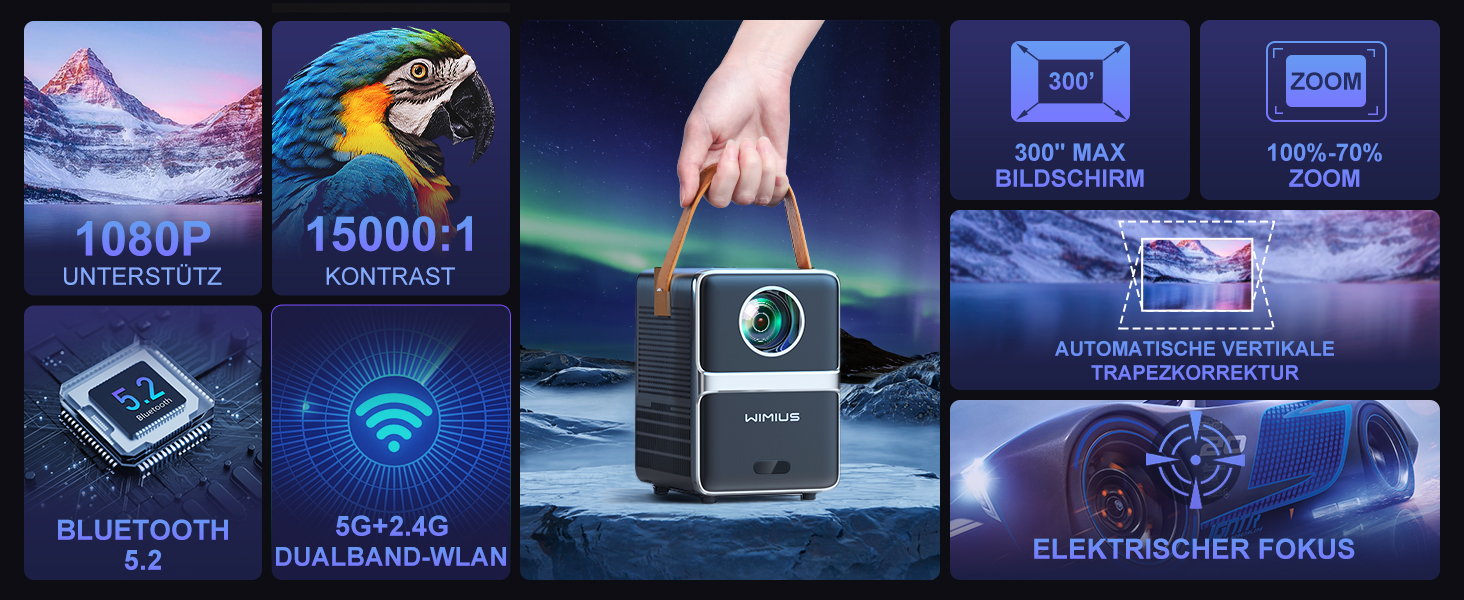 Mini-проектор WiMiUS 18000 Люмен з Wi-Fi та Bluetooth, 1080P Full-HD, для домашнього кінотеатру, сумісний з iOS/Android/Laptop/USB/PS5/AV, чорний