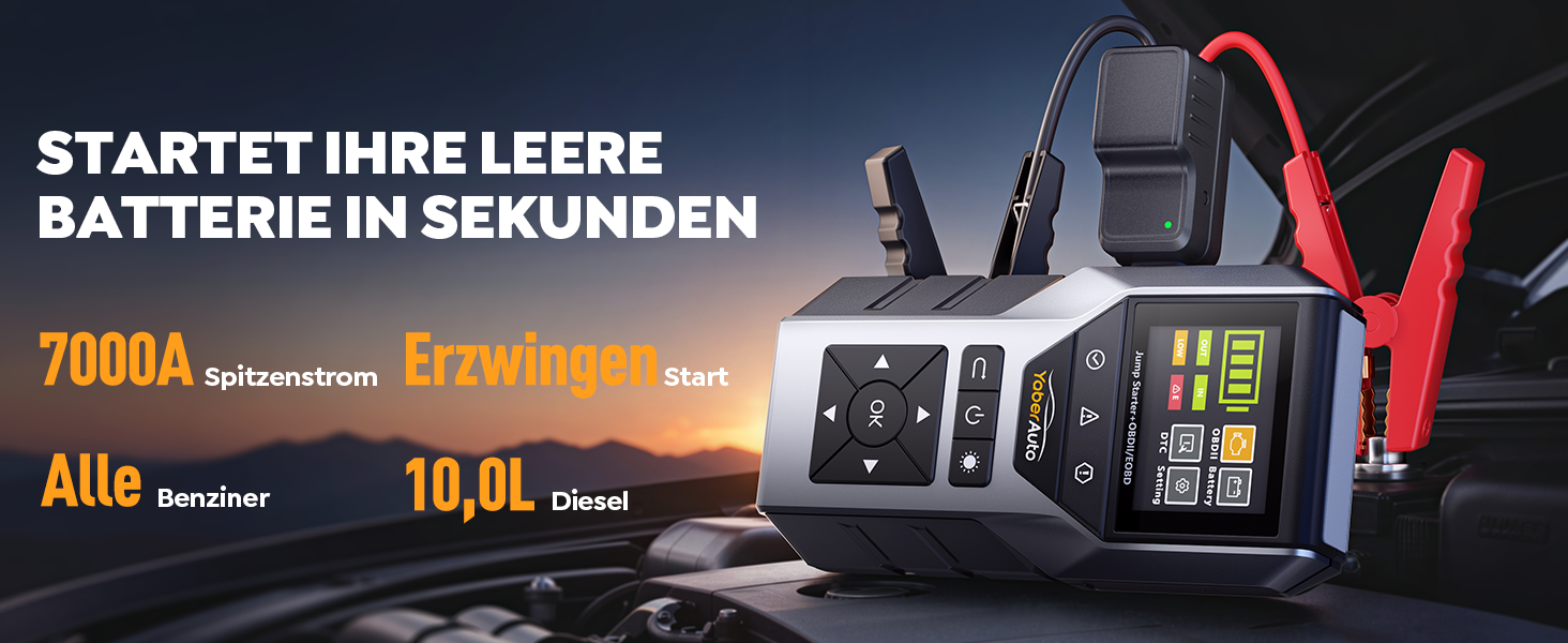 Пусковий пристрій YaberAuto Jump Starter 7000A з OBD2 діагностикою та тестером акумулятора, Powerbank 16800mAh для бензинових та дизельних авто (до 10л), з LED-ліхтарем