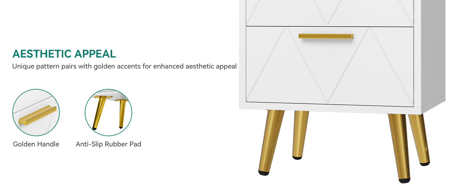 Приліжкові тумбочки YITAHOME (2 шт.) з 2 шухлядами, білі, з золотими ніжками, 40 x 30 x 52 см