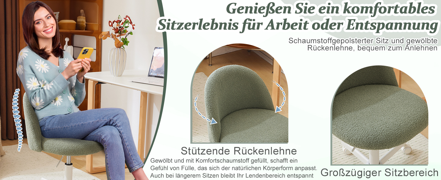 Офісне крісло Bonnlo з роликами, регульована висота, для робочого кабінету, спальні, home office, обшите тедді, білий (зелений)