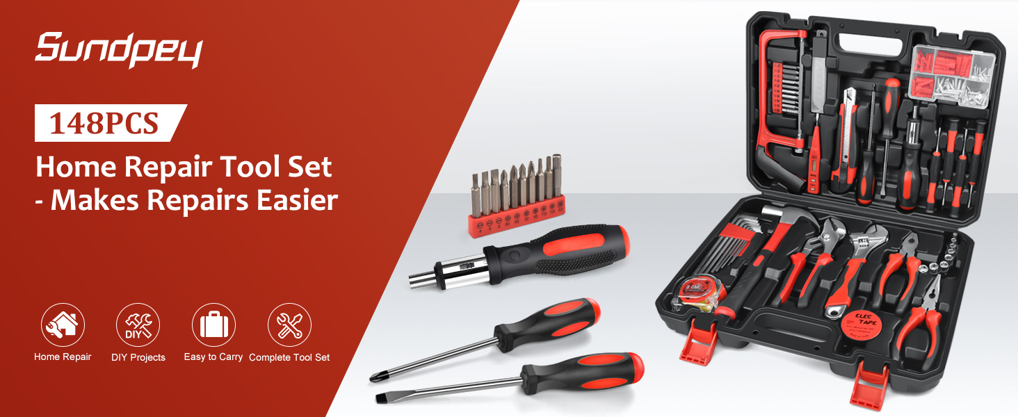 Набір інструментів Sundpey 148 предметів у кейсі: універсальний набір для дому з викруткою-тріскачкою, шестигранниками, плоскогубцями та тестером напруги для чоловіків і жінок (червоний)