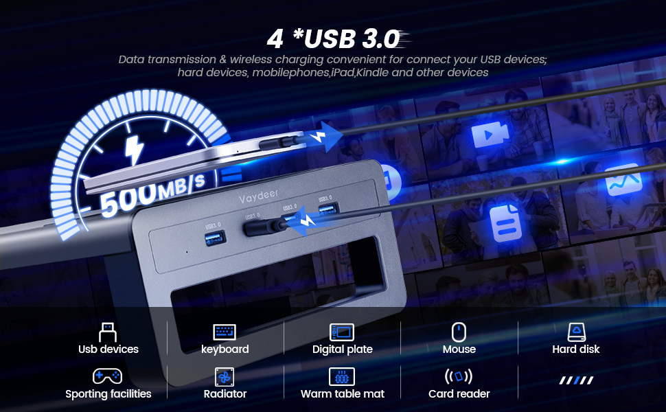 Підставка для монітора VAYDEER USB 3.0 з бездротовою зарядкою та передачею даних - чорна, до 32 дюймів