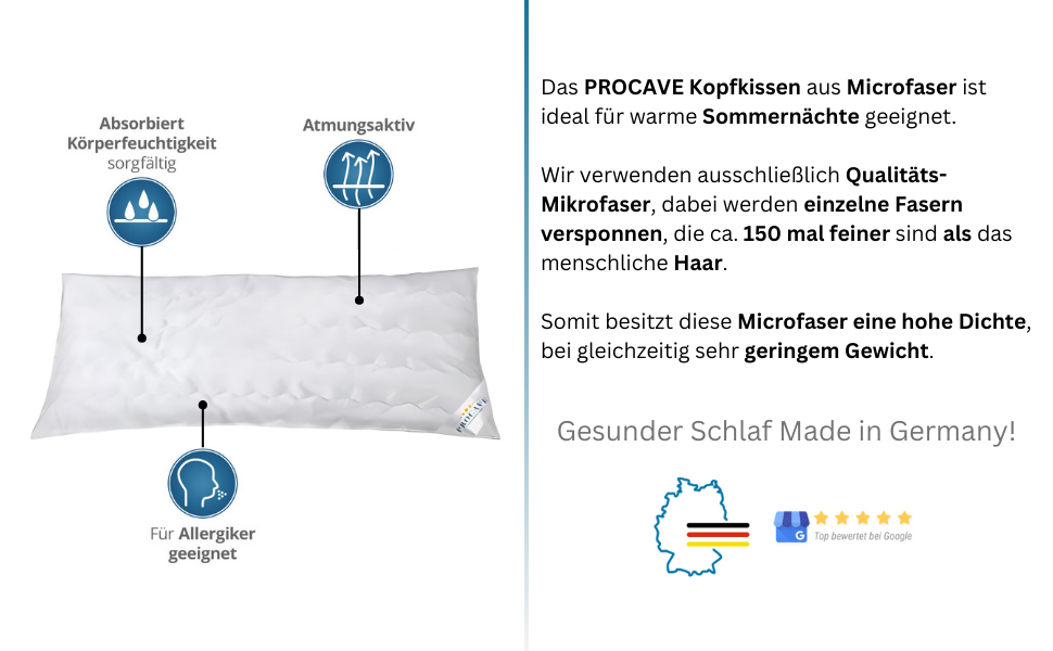 Стьобана подушка PROCAVE Micro-Comfort 40x80 см / Подушка з мікрофібри / подушка для голови / подушка для сну / М'який дотик