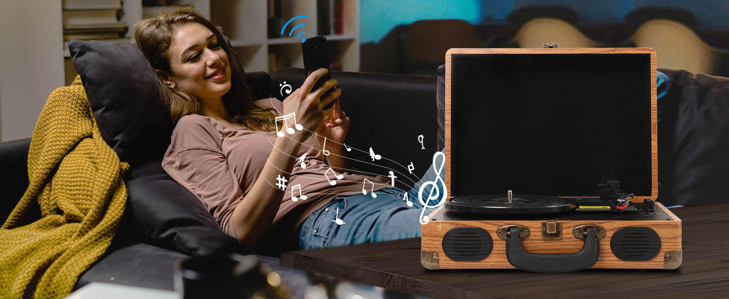 Вініловий програвач з Bluetooth, цифровим енкодером, вбудованими стереодинаміками, 3 швидкості (33/45/78 об/хв), AUX-вхід/вихід, натуральне дерево
