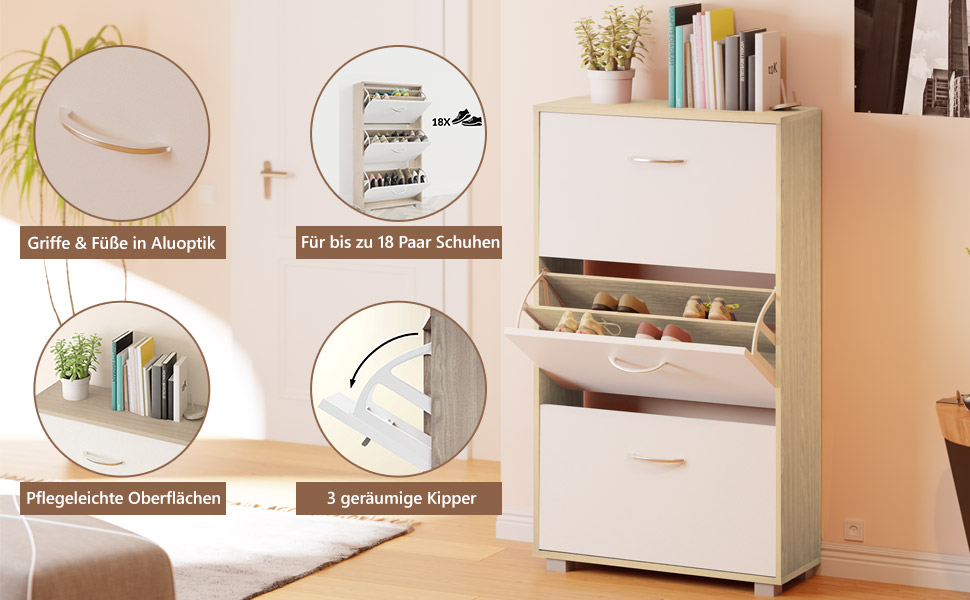 Шафа для взуття Casaria® на 18 пар, вузька, 115x60x25 см, 3 дверцята, висока, з дерева, закрита, з фіксацією від перекидання, для прихожого, світла бука/білий колір