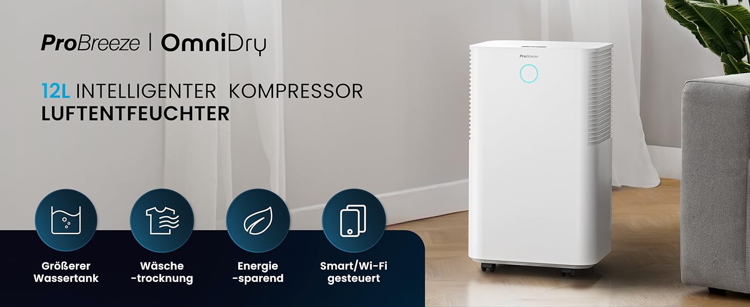 Про Breeze OmniDry - електросушарка для повітря з Wi-Fi, 12л/24г, з функцією сушіння білизни, датчиком вологості, таймером, проти цвілі, для приміщень до 25м²