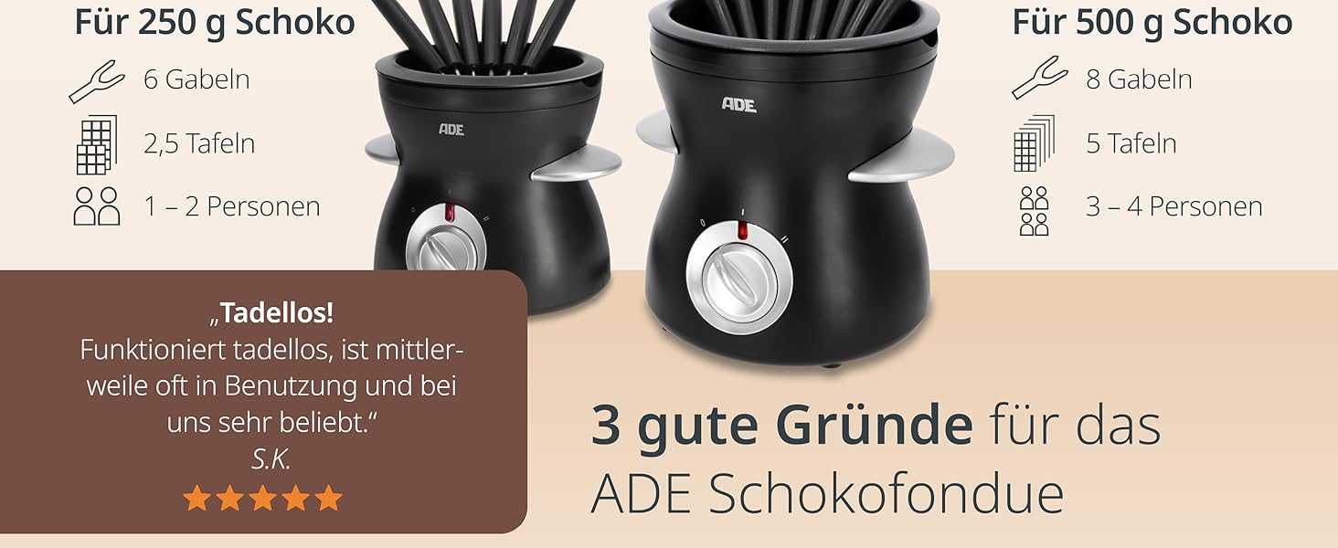 Електричне шоколадне фондю ADE 250 мл з 6 шампурами | 2 температурні режими для плавлення та підтримання тепла | Апарат для шоколаду та кувертюри | Знімна чаша з тефлоновим покриттям 250 мл для 1-2 осіб