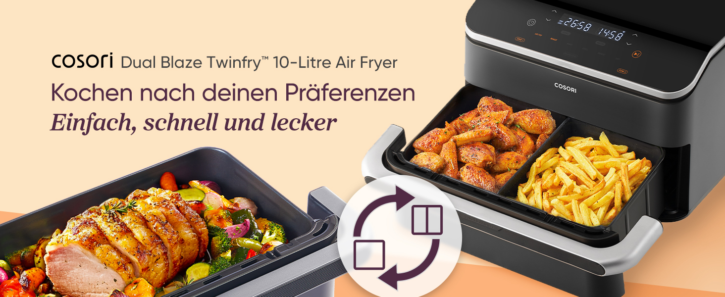 Фритюрниця COSORI з 2 камерами Dual Blaze TwinFry 10L, з 4 нагрівальними елементами, чорний/сріблястий