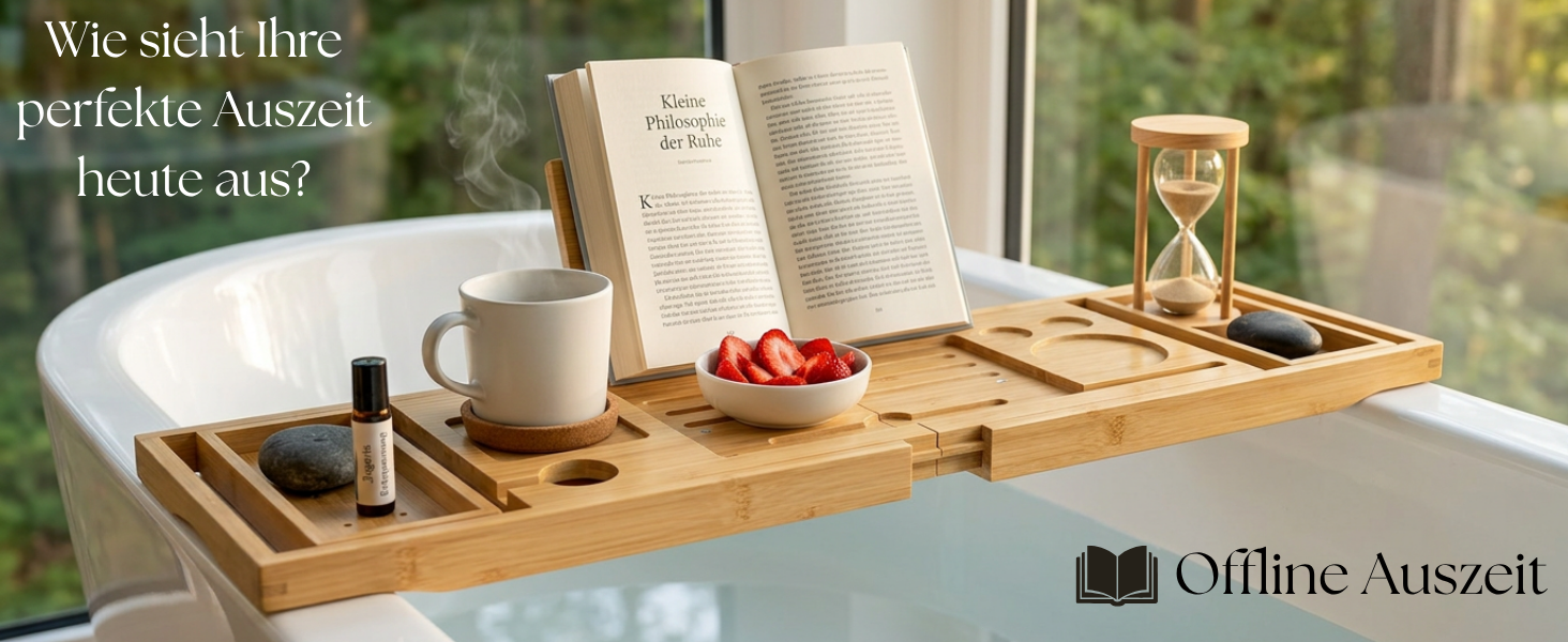 Полиця для ванни з бамбука з набором для релаксу 17 предметів - розширювана 75-105 см - з підставкою для планшета, телефону, тримачем для напоїв, 10 свічками, водостійка та нековзка