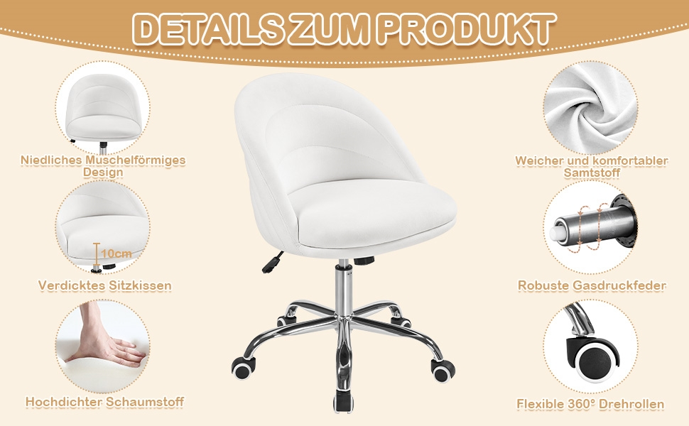 Крісло Yaheetech для дому та офісу: крісло для туалетного столика, обертове, з регулюванням висоти, на роликах, біле, до 136 кг