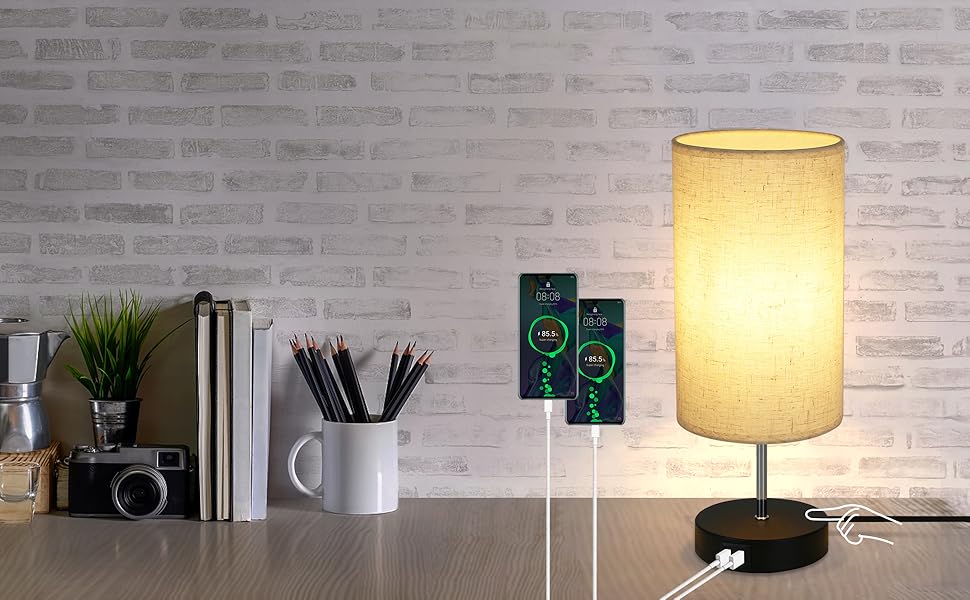 Приліжковий світильник GBLY Touch Dimmable сучасний нічник з USB, тканинний абажур E27 (без джерела світла)