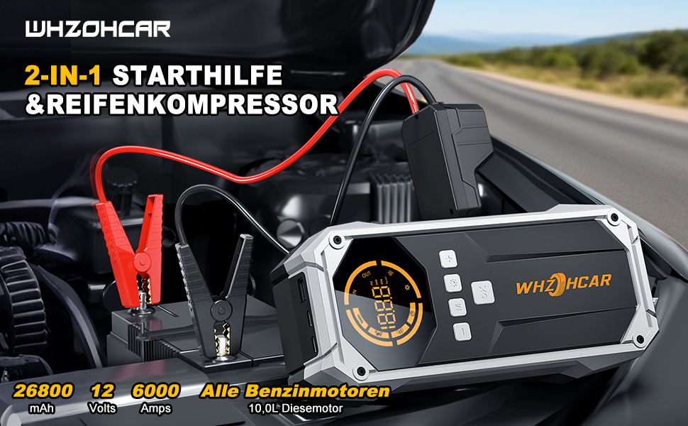 Портативний пусковий пристрій Starthilfe Powerbank 6000A з компресором, ліхтарем Lumen та LCD-дисплеєм. Чорний