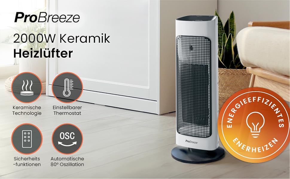 Обігрівач Pro Breeze керамічний з пультом дистанційного керування, 7 режимів нагріву, 2000W, захист від перегріву, таймер 24 год, ECO режим, тиха робота, осциляція 80°