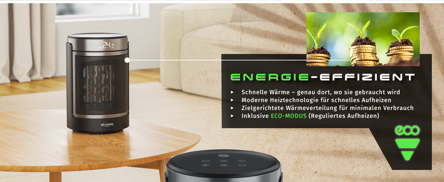 Тепловий обігрівач Brandson ECO Design з дистанційним керуванням, ECO-режимом та осциляцією, 2 рівні потужності, захист від перегріву та перекидання, колір Cool Grey