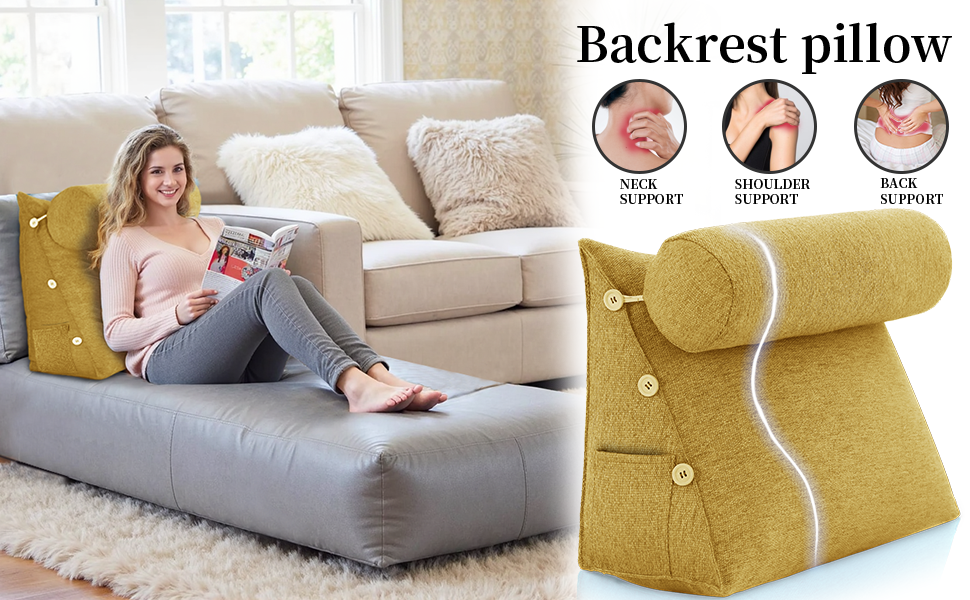 Підкова для читання Bettkeil, регульоване подушечкове ліжко, трикутна подушка, подушка-клинок, диванна подушка для попереку, шиї, подушка для підтримки спини з знімним льняним чохлом (жовтий, з подушкою для шиї 60см)