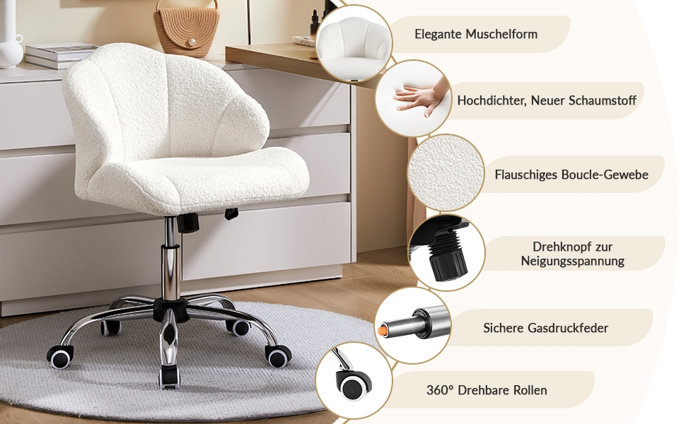 Крісло для дому та офісу Yaheetech, крісло для макіяжу, регульоване по висоті, поворотне, офісне крісло у формі мушлі, крісло з роликами, оксамитове крісло, до 136 кг, білий (сніжно-білий)