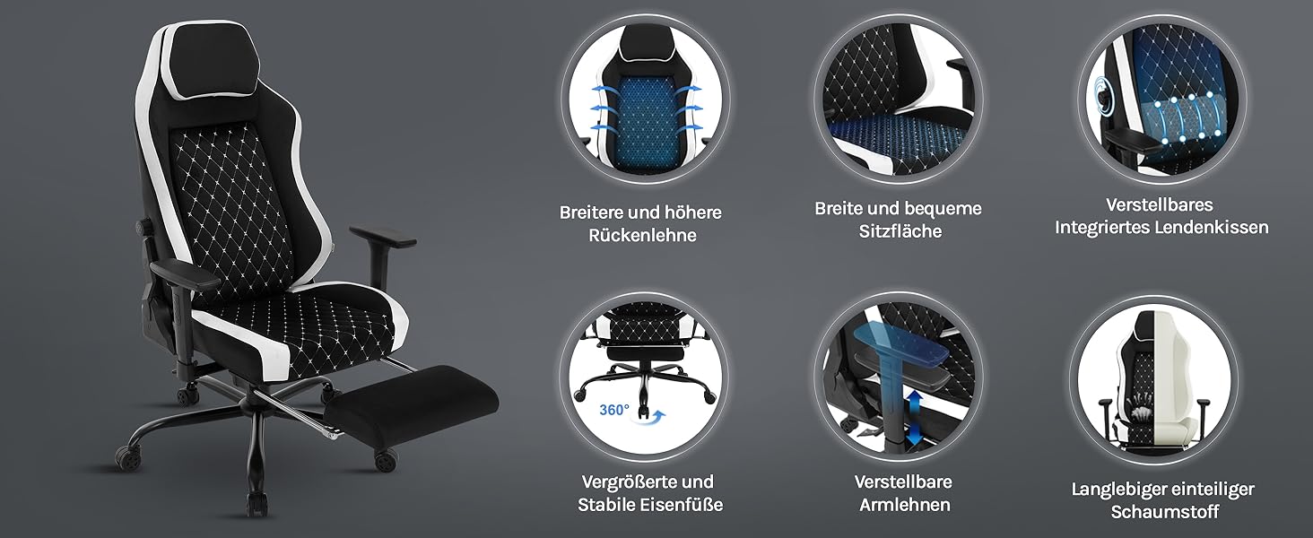 Ігровий крісло WOLTU, ергономічний офісний стілець з інтегрованим м'яким наповнювачем, адаптивною підтримкою попереку, підставкою для ніг та регульованими підлокітниками, металевий каркас