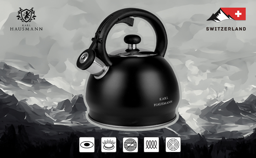 Чайник електричний індукційний 1.8L чорний з авто-свистком - Edelstahl, для плити, газової плити, електроплити, чайник-свисток, чайник-заварник