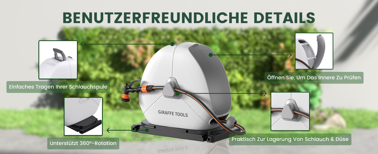 Тросовий барабан для садового шланга Giraffe Tools 25 м з висувною конструкцією, міцною основою, 7-функціональною насадкою та 360° поворотним кріпленням
