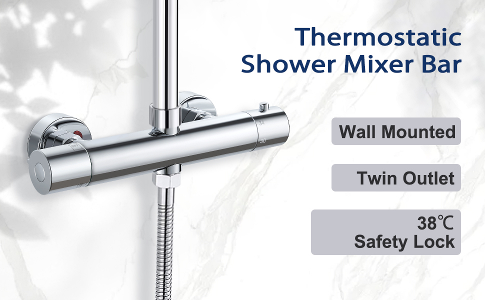 Змішувач для ванни з термостатом, накладний, хром, латунь, з кнопкою безпеки 38°C, для ванни, водопровідний кран, термостат для душу (2 отвори)