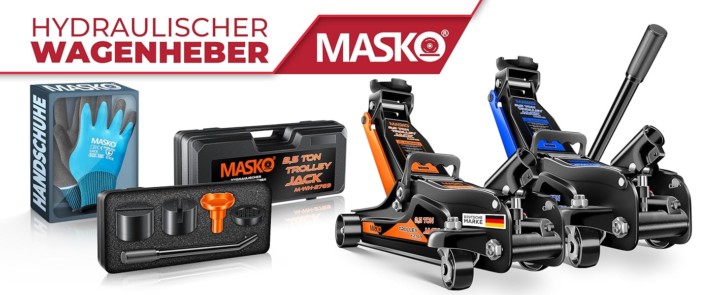 Гідравлічний домкрат MASKO 3T з низьким профілем (85-460 мм) для авто, SUV. З гумовими накладками, роликами 360°, рукавичками. Підставка для ремонту, синій.