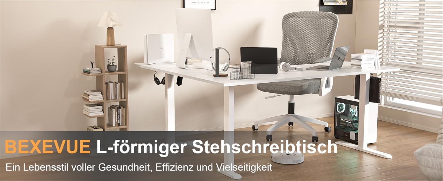 Електричний кутовий стіл BEXEVUE 160x140 см з регулюванням висоти, 3 пам'яті, антиколізійна система, для дому та офісу