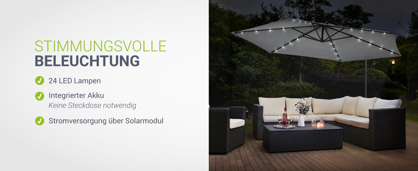 Парасолька від сонця Juskys Brazil 350 см з LED-підсвіткою, сонячною панеллю та ручкою, водовідштовхуюча, з UV-захистом, колір крем/сірий