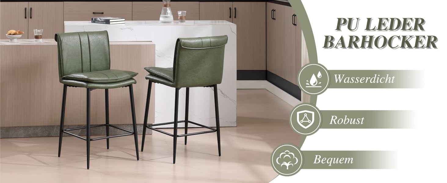 Набір з 2 барних стільців Chairus, зелені, з PU шкірою, для кухні та вітальні