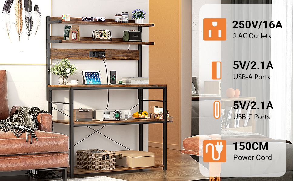 Кухонна полиця-стійка з розеткою, підставка для мікрохвильовки, 5-ярусна кавобар з LED-підсвічуванням, полиця для спецій, каструль та сковорідки, коричнева, 80 см