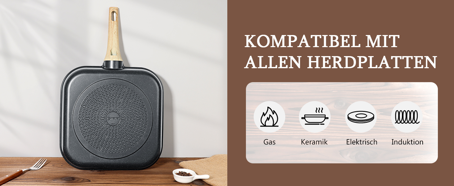 Сковорода-гриль GiPP 28x28 см, сковорода для стейків, індукційна, алюмонієвий литний матеріал з гранітно-антипригарним покриттям, 100% без PFOA, підходить для всіх типів плит, легко миється, білий колір