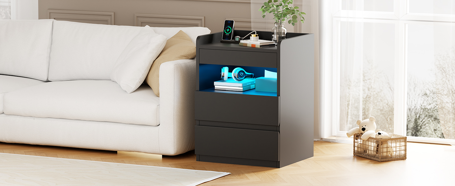 Нічний столик BEWISHOME 2 шт., з прихованою поличкою та розеткою, з функцією зарядки, для вітальні та спальні (чорний) EFCG02B