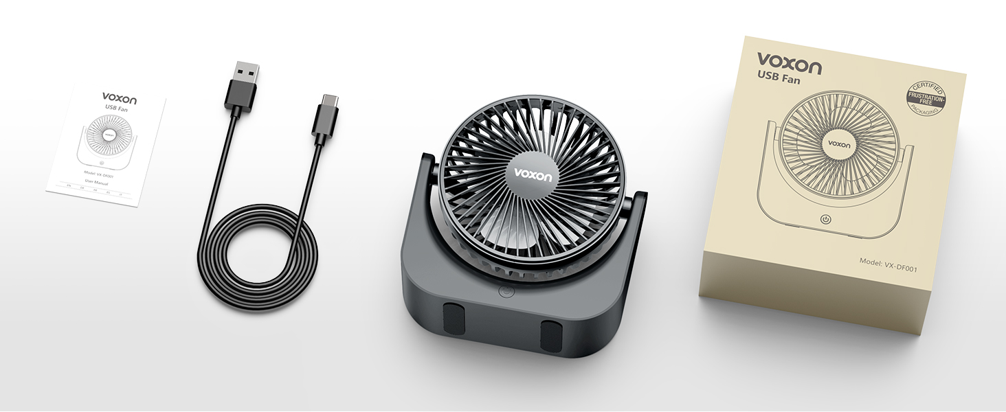 VOXON USB Настільний вентилятор міні з 5 швидкостями, тихий USB-вентилятор з кабелем 1.5м для офісу, дому, спальні. Без батарейок, сірий