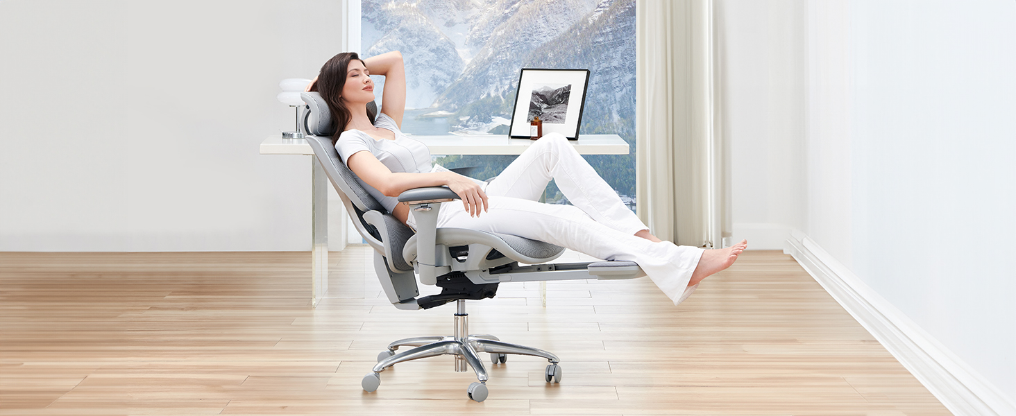 Органічний офісний крісло Colamy з підніжкою, 3D-підлокітниками, підголовником, підтримкою попереку та дихаючою сіткою – крісло для офісу та дому (Сірий)