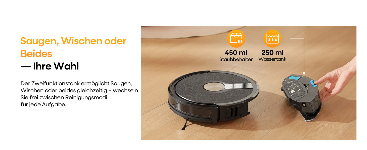 Робот-пилосос з функцією миття 5000Pa, 3-в-1 з часом роботи 180 хвилин, для прибирання шерсті тварин та килимів, з керуванням через додаток, чорний