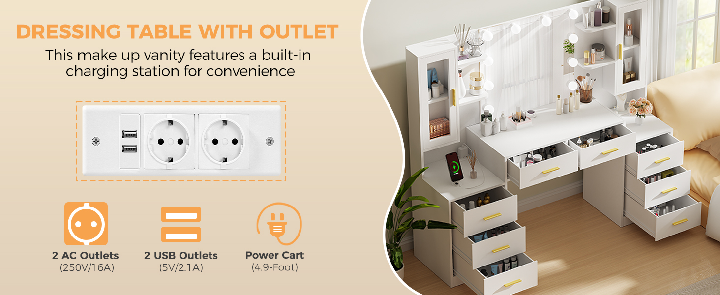 Великий туалетний столик ANWBROAD з LED-підсвіткою (3 кольори), розетками, дзеркалом та 8 висувними ящиками. Сучасний дизайн, колір - білий, розмір 150x135x40 см. Модель BDT67W