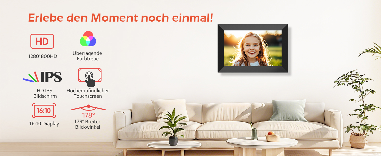 Цифровий фоторамка Frameo 10.1 дюйма WiFi, IPS сенсорний екран, 32GB, автоматичне обертання, для стін, миттєва відправка фотографій