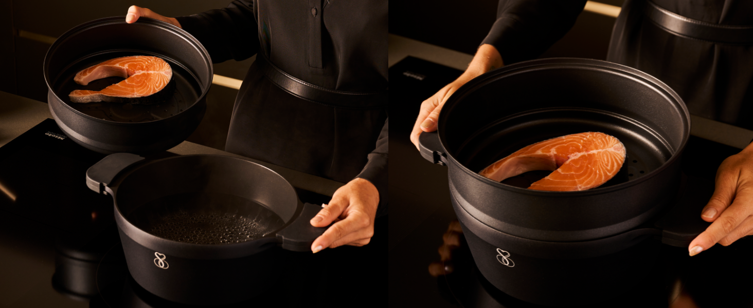 Сковорода-гриль Stone&Stone 28x28 см | Професійна сковорода для стейків | Німецьке антипригарне покриття GREBLON C3+ без PFOA | Знімна ручка | Підходить для індукції, газу та духовки | Для приготування барбекю з щипцями (24 см)