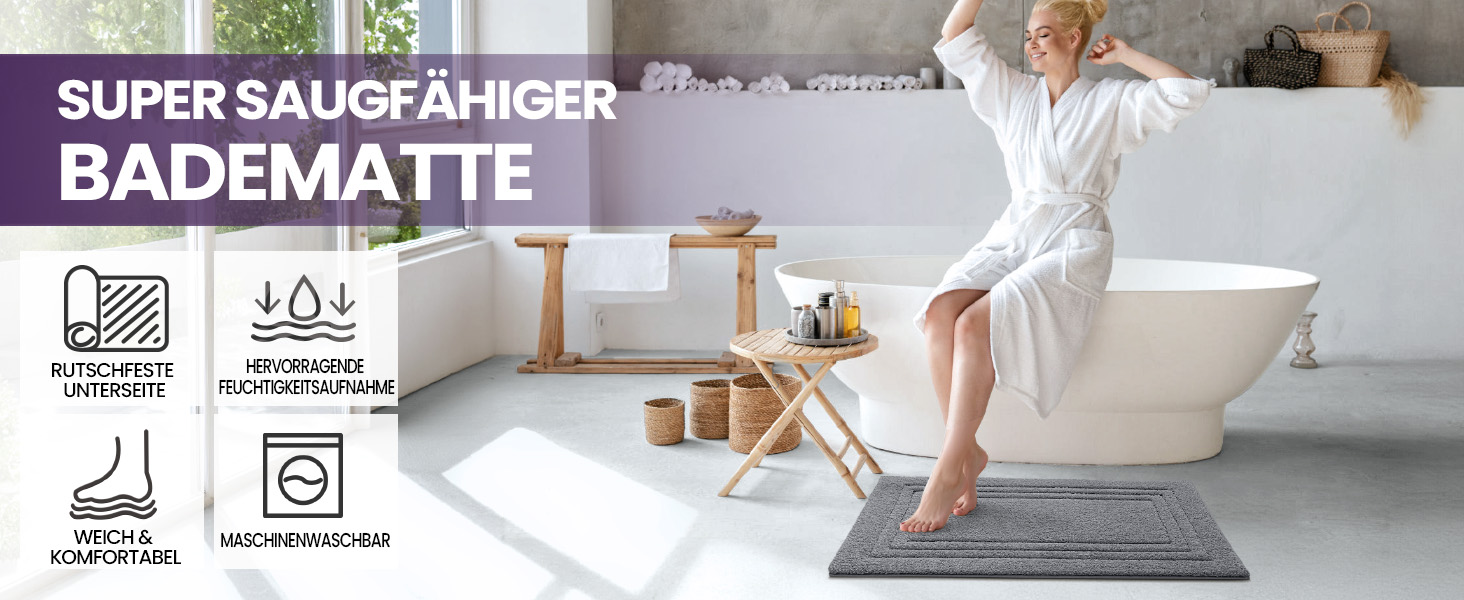 Килимок для ванної кімнати DEXI 60 x 110 см, м'який, нековзний, миючий, сірий