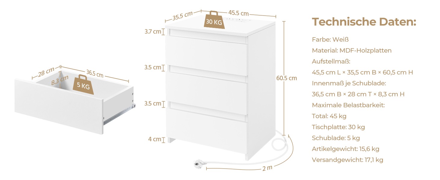 Нічний столик Yaheetech з 3 висувними ящиками, 2 розетками AC та 2 USB-портами, для спальні/вітальні