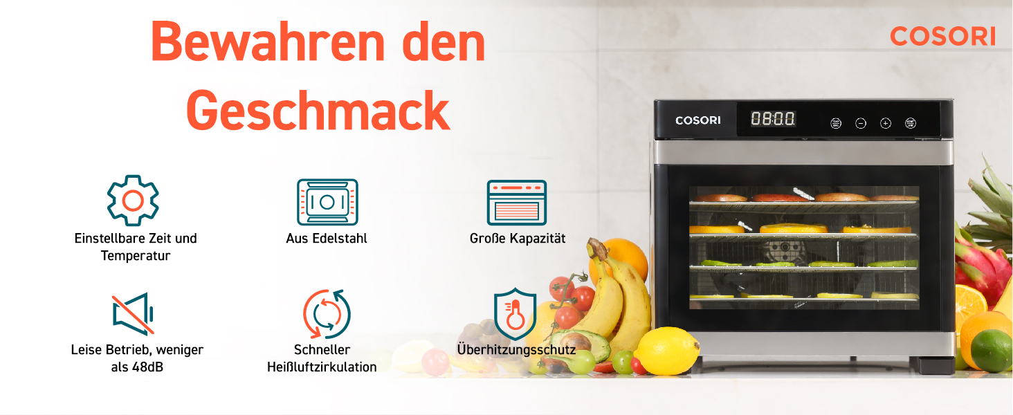 Сушарка для їжі COSORI з нержавіючої сталі, 6-ярусна, з 50 рецептами, 6 лотків, 3 сітки, 3 килимки, площа 0,6 м², таймер 48 год, LED-дисплей (35°-75°C), 650W