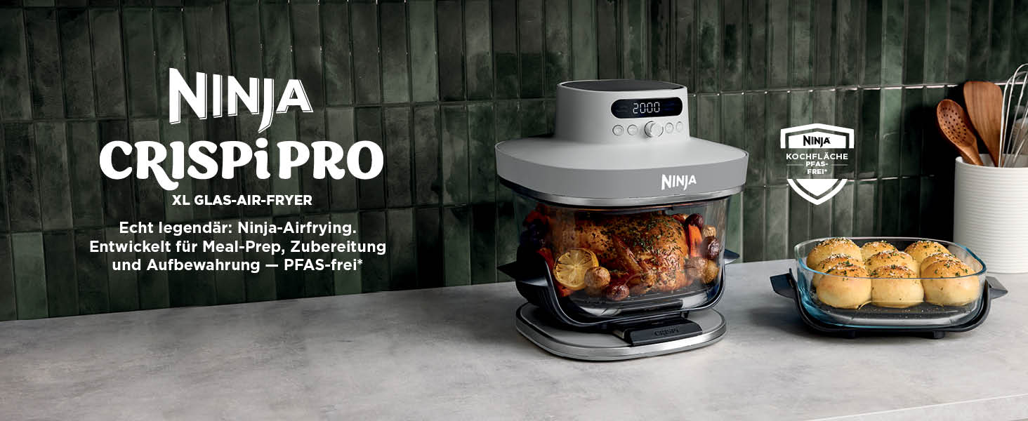 Скляна аерофритюрниця Ninja CRISPi PRO XL Air Fryer з 5 функціями, контейнерами CleanCrisp (5,7 л та 2,3 л) та кришкою для зберігання, біла, AS090EUGN