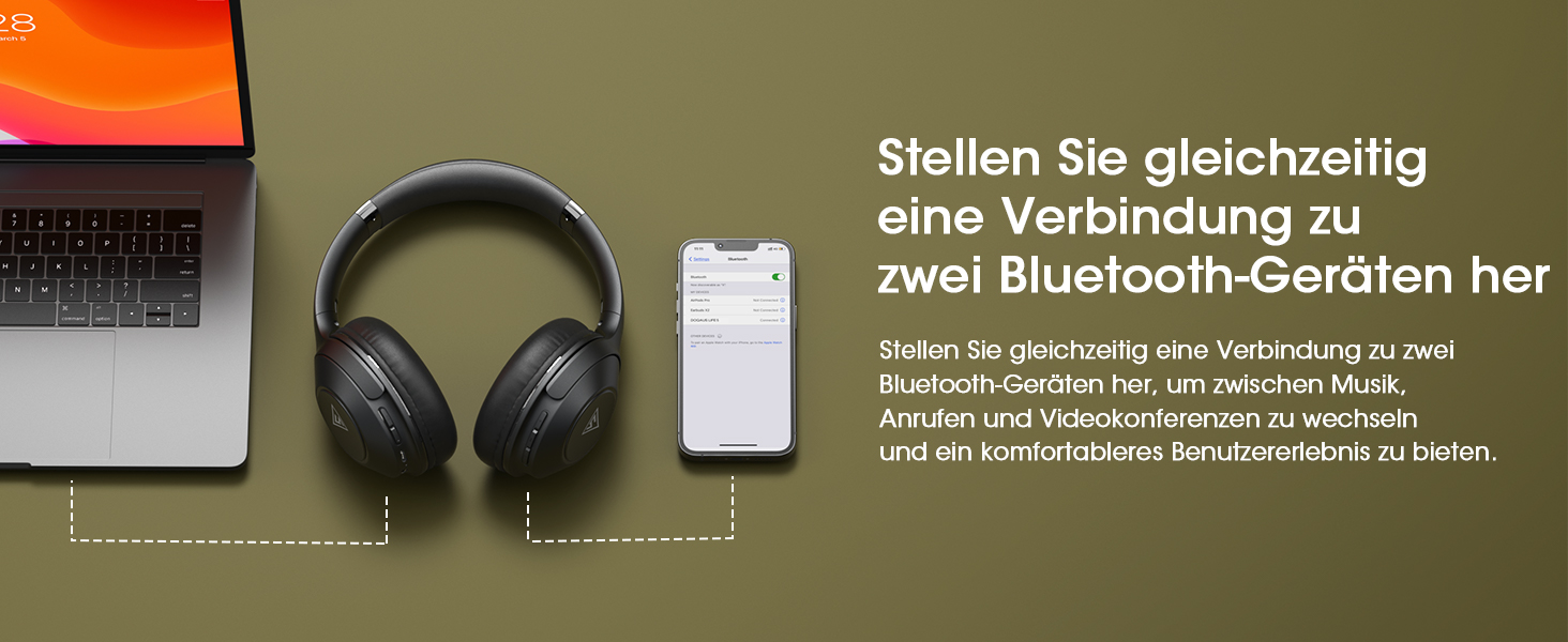 Накладні навушники DOQAUS Bluetooth, 70 годин відтворення, 3 режими еквалайзера, складні, чорний