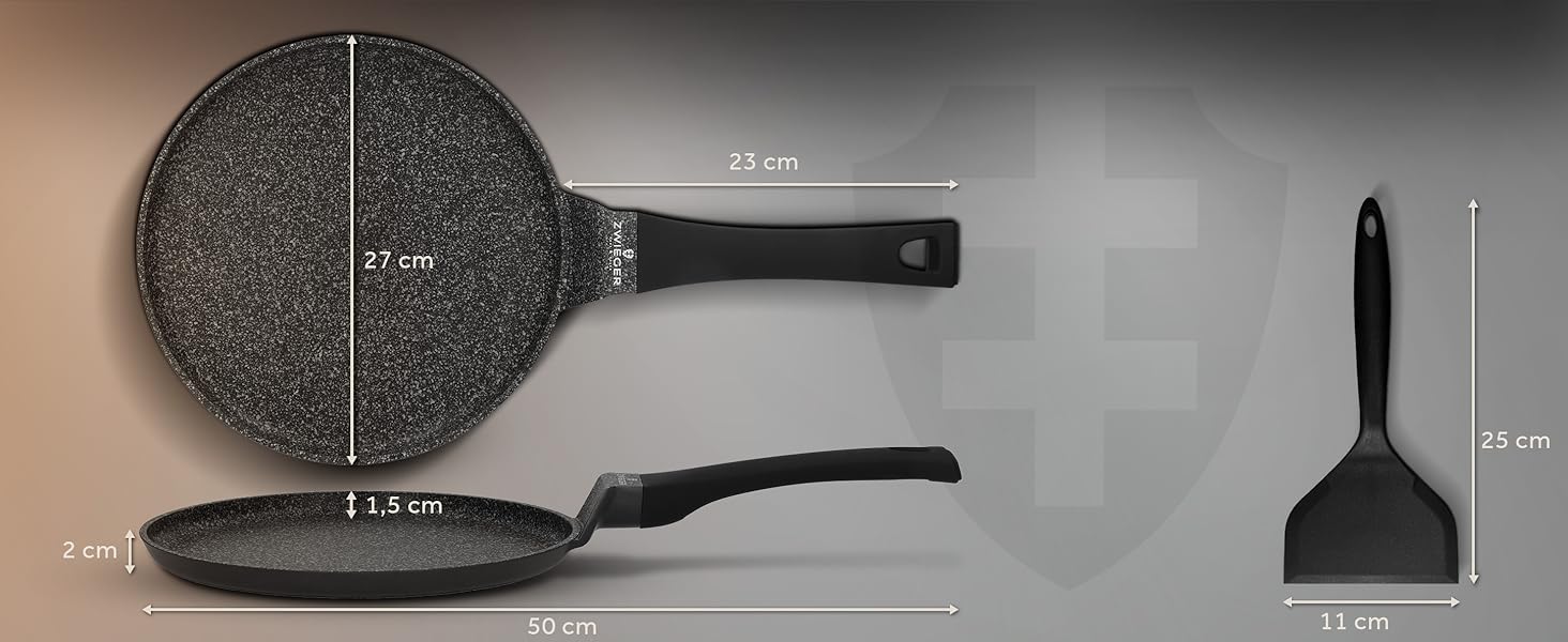 Сковорода для крепів ZWIEGER з дозатором тіста – антипригарна сковорода для панкейків Induktion 26 см, сковорода для панкейків, яку можна мити в посудомийній машині – з нержавіючою сталлю по всій поверхні, підходить для всіх типів плит – без PFOA та PFOS, 26 см з силіконовим шпателем
