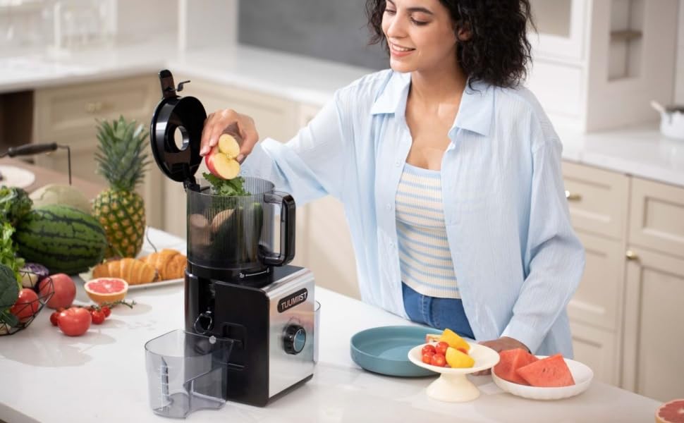 TUUMIIST Шнековий соковитискач XXL, 150 мм, 3 л, для сім'ї, 99% вижимка, BPA-free, REV Anti-Blockier System, чорний